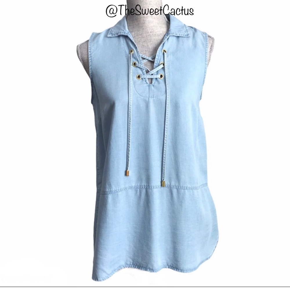 Ellen Tracy Tunic Top Chambray Lace Up Tank Denise Blouse Small